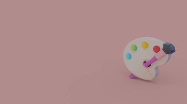 Palet boya ve fırça üzerinde açık mor renkli izole ile 3D simgesi