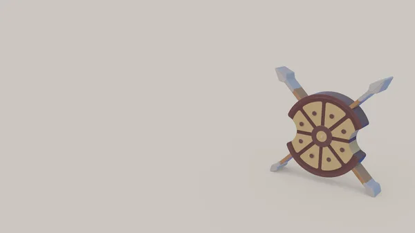 3d icon of ancient wooden round shield with four crossed spears isolated on gray background