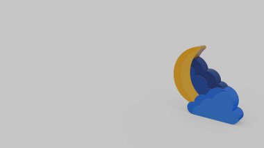 3D simgesi sarı hilal ay ve gri arka plan üzerinde izole mavi bulutlar