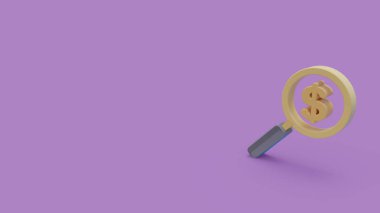 Büyüteç menekşe arka plan üzerinde izole dolar simgesiyle 3D simgesi