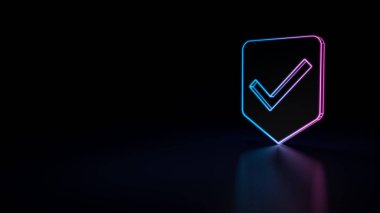 siyah arka plan üzerine izole onay sembolü olan mavi menekşe neon etiket 3D simgesi