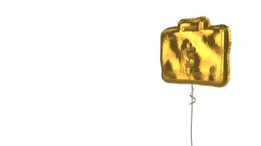 Beyaz zemin üzerinde para olan çantanın altın rengi balon sembolü