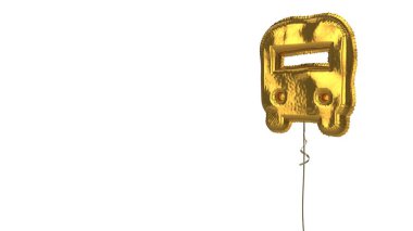 Beyaz arkaplanda bir otobüsün ön görüntüsünün altın rengi balon sembolü