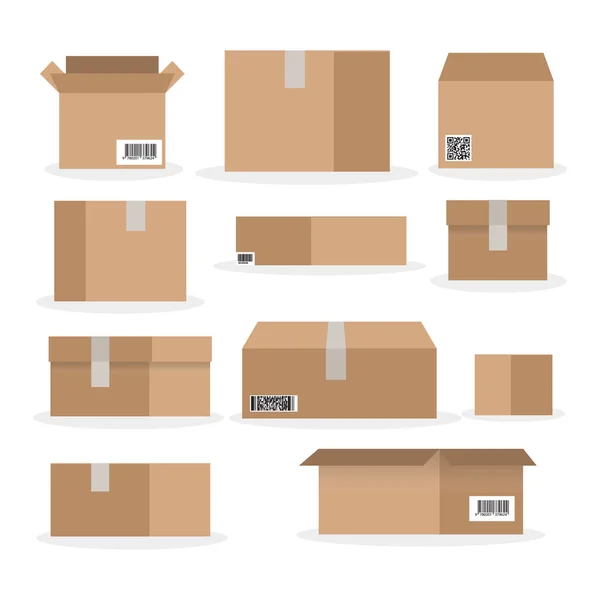 Cardboard box mockup set. Realistic illustration of 10 cardboard box mockups for web. Brown delivery set vector
