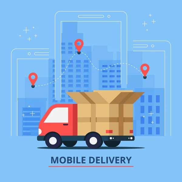 Delivery vector illustration. Delivery service and cardboard boxes on city background. Delivery 24 hour concept. vector illustration