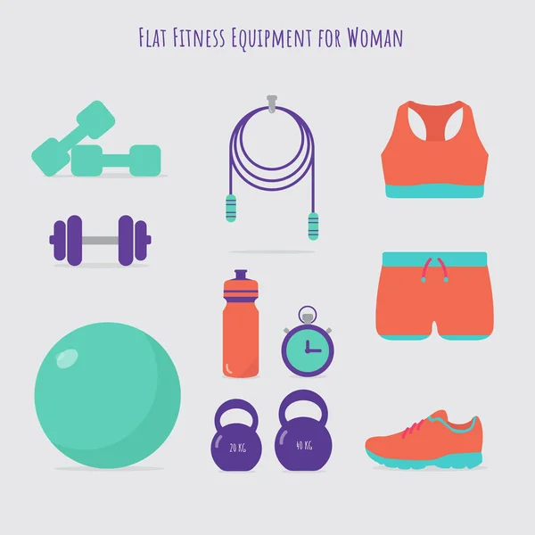 Vector flat icons set of fitness tools. Gym bag essentials, top