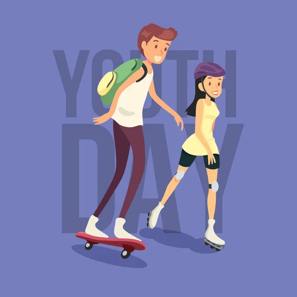 Young boy and girl having fun riding to skateboard. Cool vector