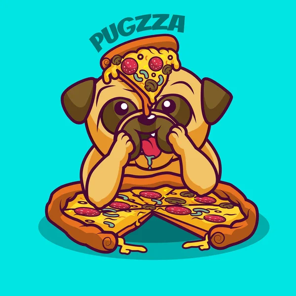Cute cartoon pug eating italian pizza with mushrooms, sausage, p