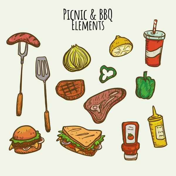 Bbq Grill Color Sketch Set. Hand Drawn Barbecue Collection