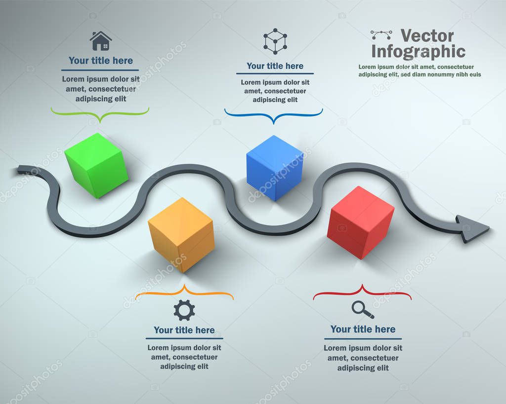 4 options, 3D vector infographic with boxes and arrow pat