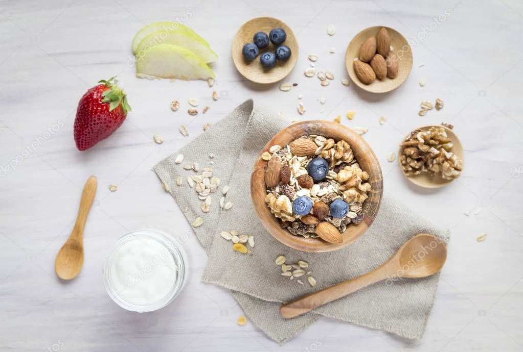 Healthy breakfast with muesli, almonds,