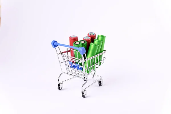 Ion 18650 Battery Shopping Cart White Background — Stock Photo, Image