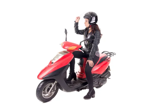 Ung Kvinna Med Motorcykel Isolerade Vitt — Stockfoto