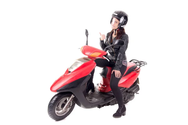 Mujer Joven Con Motocicleta Aislada Blanco — Foto de Stock