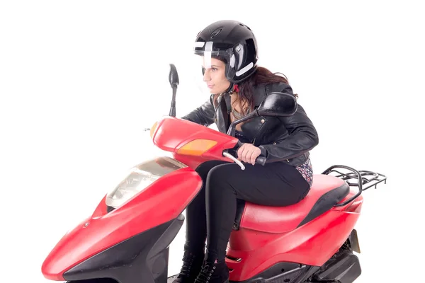 Молодая Женщина Мотоциклом Изолированы Белом — стоковое фото