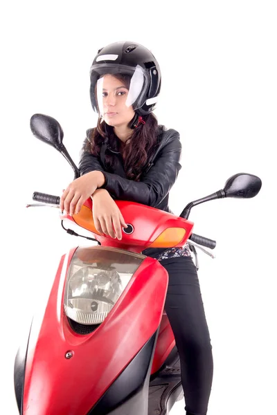 Mujer Joven Con Motocicleta Aislada Blanco — Foto de Stock