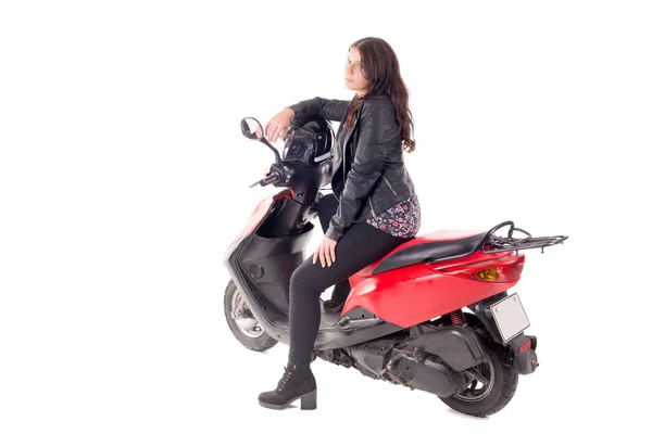 Giovane Donna Con Moto Isolata Bianco — Foto Stock