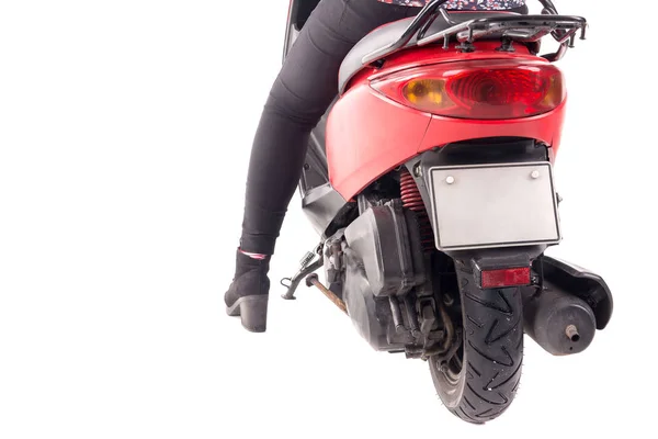 Mujer Joven Con Motocicleta Aislada Blanco — Foto de Stock