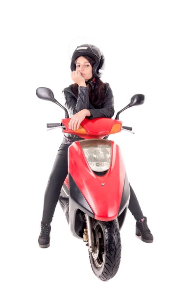 Mujer Joven Con Motocicleta Aislada Blanco — Foto de Stock