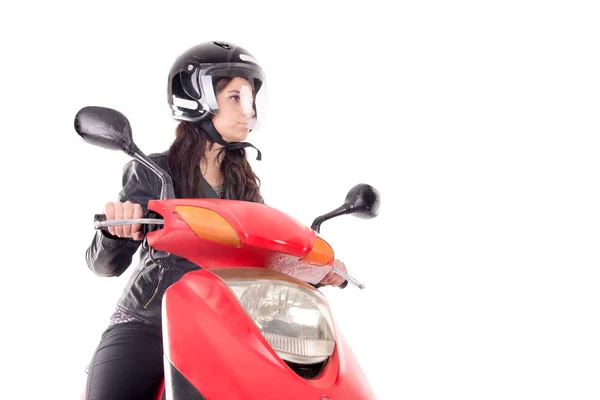 Mujer Joven Con Motocicleta Aislada Blanco —  Fotos de Stock