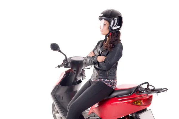 Mujer Joven Con Motocicleta Aislada Blanco —  Fotos de Stock