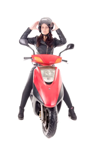 Giovane Donna Con Moto Isolata Bianco — Foto Stock