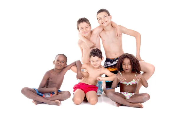 Groupe Enfants Posant Isolé Fond Blanc — Photo