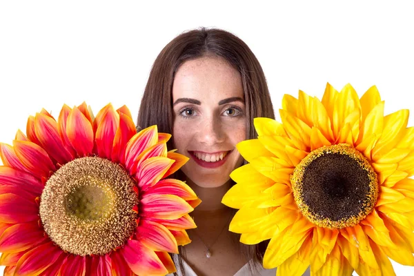 Beautiful Young Girl Posing Flowers Isolated White — Stock Photo, Image