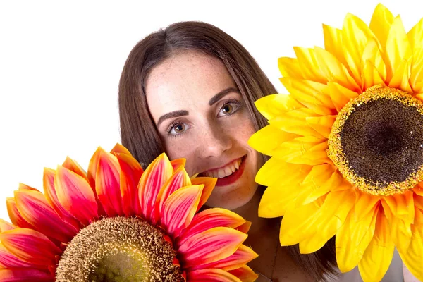 Beautiful Young Girl Posing Flowers Isolated White — Stock Photo, Image