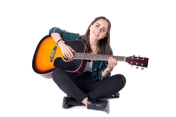 Mooi Jong Meisje Speelt Gitaar Poseren Geïsoleerd Wit — Stockfoto