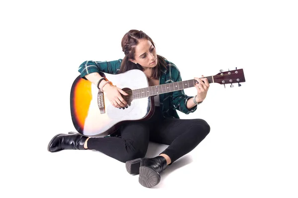 Beautiful Young Girl Playing Guitar Posing Isolated White — Stock Photo, Image