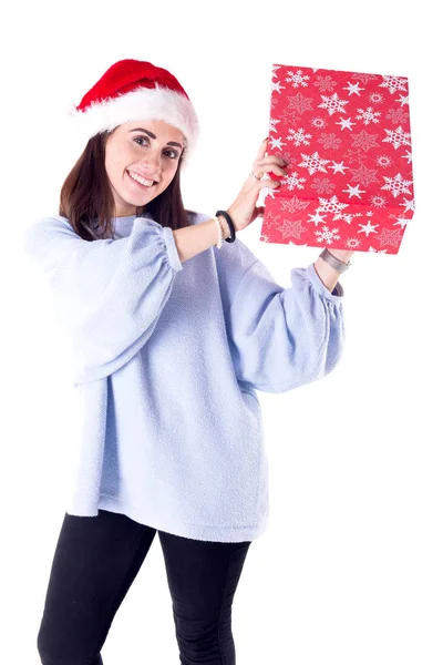 Schönes Junges Mädchen Mit Weihnachtsgeschenk Posiert — Stockfoto