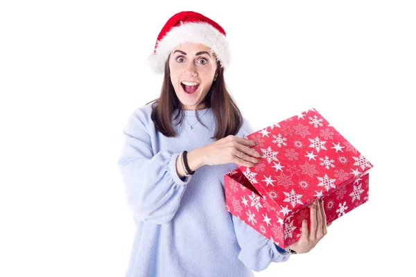 Hermosa Joven Con Regalo Navidad Posando — Foto de Stock