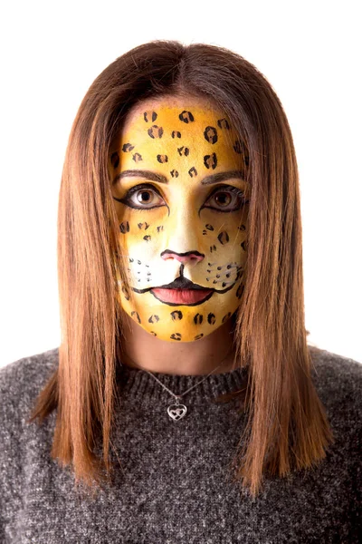 Beautiful Young Woman Face Painted Leopard Stock Image