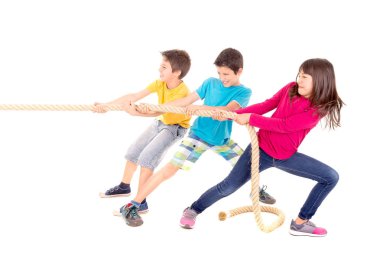 little kids playing the rope game isolated in white clipart