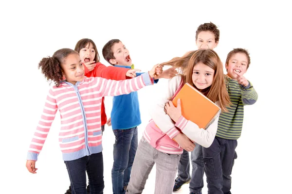 Little Kids Bullying Another Kid Isolated White — Stock Photo, Image