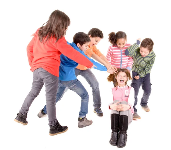 Crianças Pequenas Intimidando Outro Garoto Isolado Branco — Fotografia de Stock