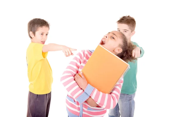 Niños Pequeños Acosando Otro Niño Aislado Blanco —  Fotos de Stock