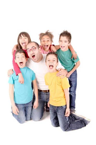 Groupe Enfants Avec Professeur Isolé Blanc — Photo