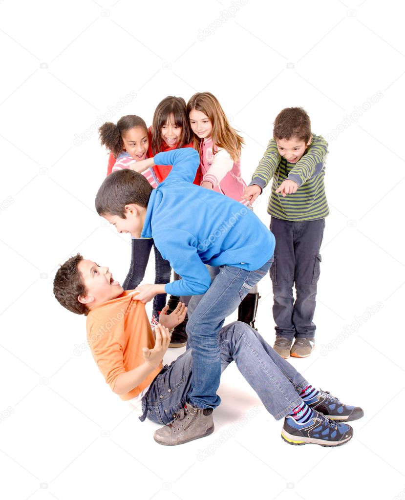 little kids bullying another kid isolated in white