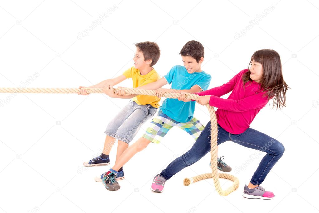little kids playing the rope game isolated in white