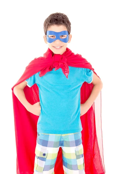 Malý Chlapec Předstírá Superhrdina Izolovaných Bílém Pozadí — Stock fotografie