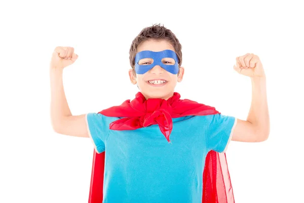 Niño Fingiendo Ser Superhéroe Aislado Sobre Fondo Blanco — Foto de Stock