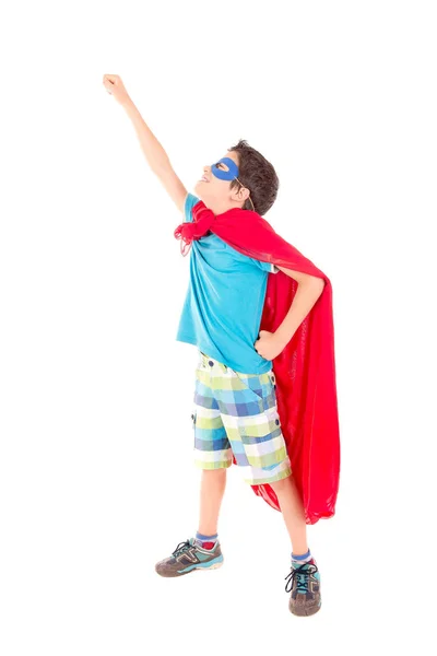 Little Boy Pretending Superhero Isolated White Background — Stock Photo, Image