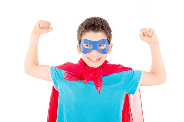 Niño Fingiendo Ser Superhéroe Aislado Sobre Fondo Blanco — Foto de Stock