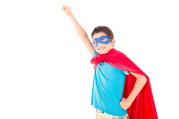 Kleiner Junge Der Vorgibt Ein Superheld Sein Isoliert Auf Weißem — Stockfoto