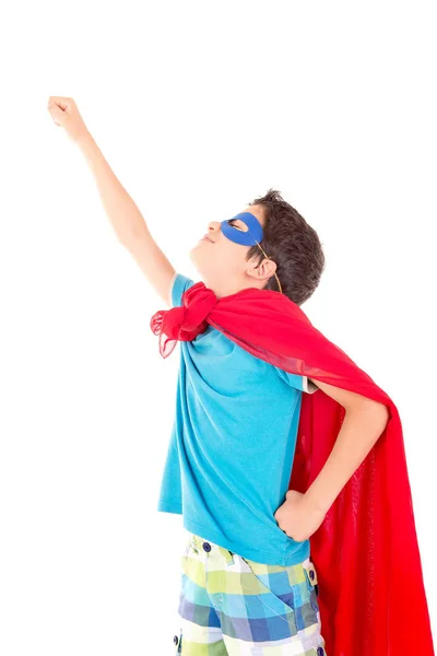 Niño Fingiendo Ser Superhéroe Aislado Sobre Fondo Blanco — Foto de Stock