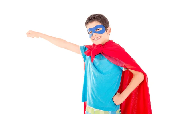 Little Boy Pretending Superhero Isolated White Background — Stock Photo, Image