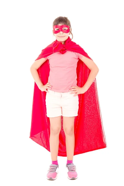 小女孩假装是一个超级英雄孤立的白色背景 — 图库照片