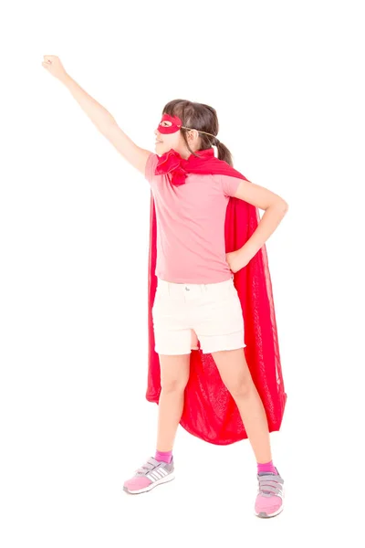 Mała Dziewczynka Udając Superbohatera Białym Tle — Zdjęcie stockowe